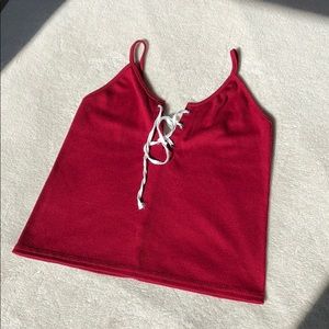 Red Lace Up Front Spaghetti Strap Ribbed Tank Top